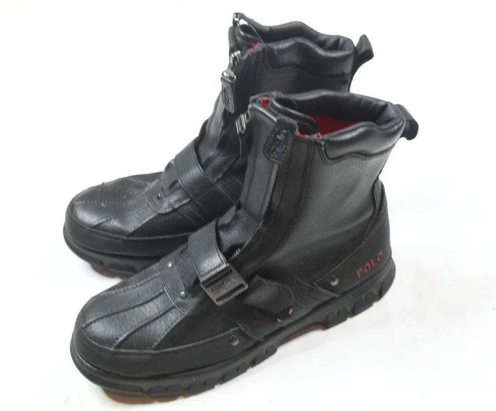 Polo Ralph Lauren DWANN Boots Mens 10.5D Black Leather Slip-On Zipper Straps